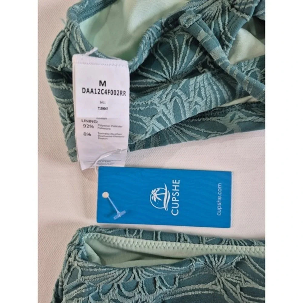 Cupshe Womens Teal‎ Textured Floral High Waisted Bikini Set NWT Size Medium